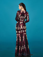 V-neck Floral Sequin Long Sleeve Prom Dress